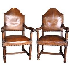 Pair of French Louis XIII Style Leather Armchairs