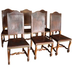 Antique Set of Six French Louis XIII Style Leather Dining Chairs