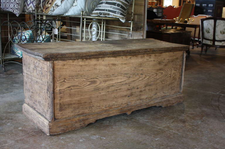 Spanish antique trunk in pine and chestnut wood, circa 1700's. This beautiful trunk is rich in character acquired through centuries of use. The scale makes this piece very versatile. It can be used as a coffee table, a blanket chest, or a storage