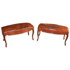 Pair of French Napoleon III Style Benches in Beechwood and Leather