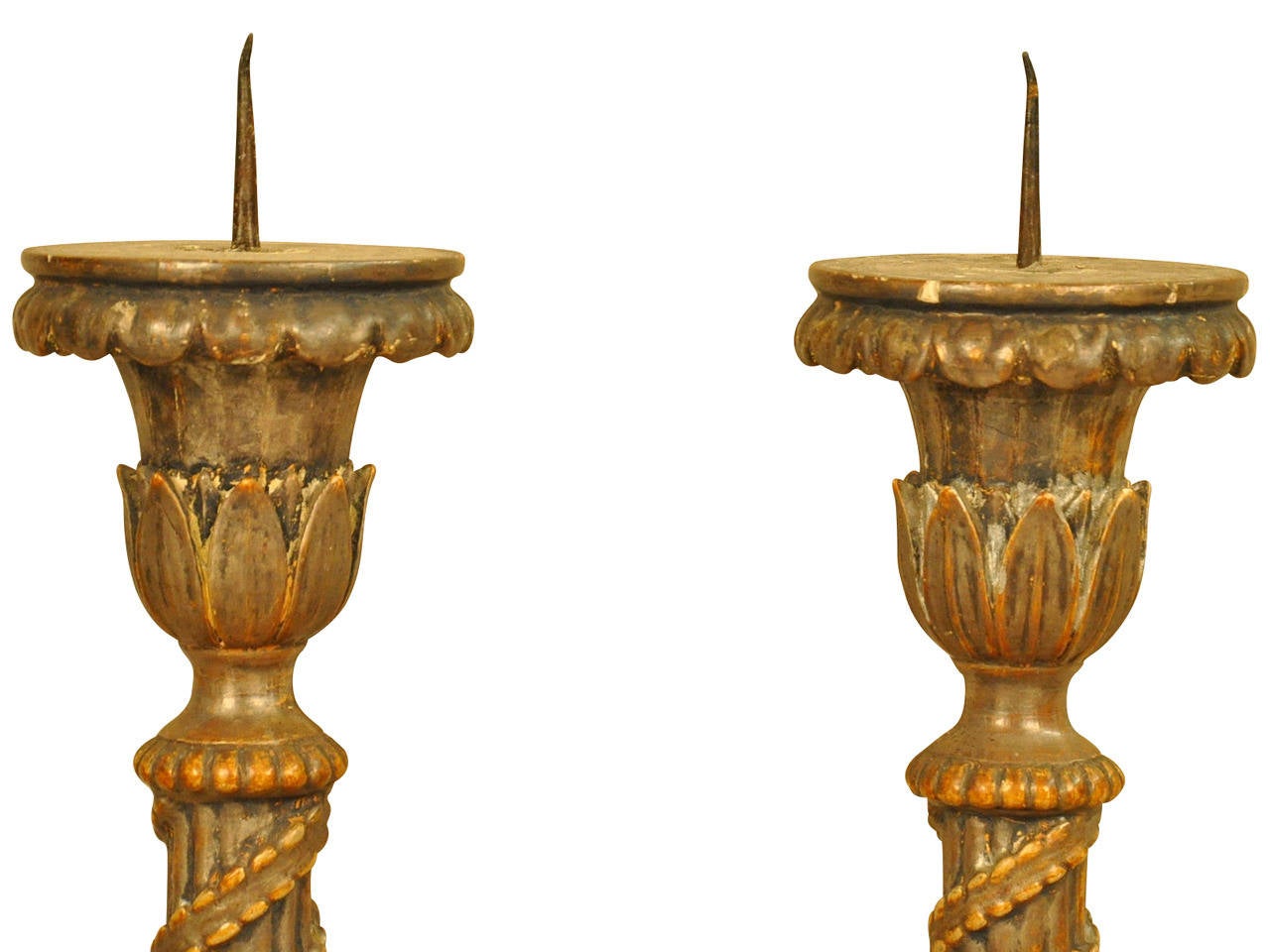 A very handsome pair of late 18th century Italian altar sticks / prickets in polychromed wood with traces of silver.  Wonderful to use as candlesticks or to convert into lamps.