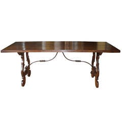 Early 19th Century Spanish Farm Trestle Table with Iron Stretchers