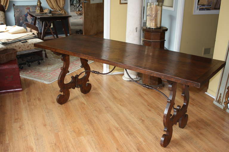 Early 19th Century Spanish Farm Trestle Table with Iron Stretchers In Good Condition In Atlanta, GA