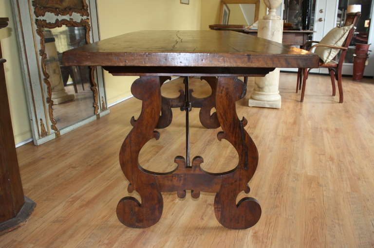 Walnut Early 19th Century Spanish Farm Trestle Table with Iron Stretchers