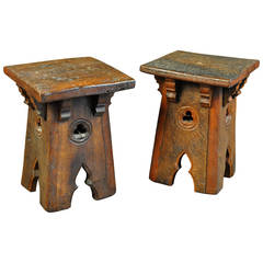 Antique French Gothic Style Stools in Oak