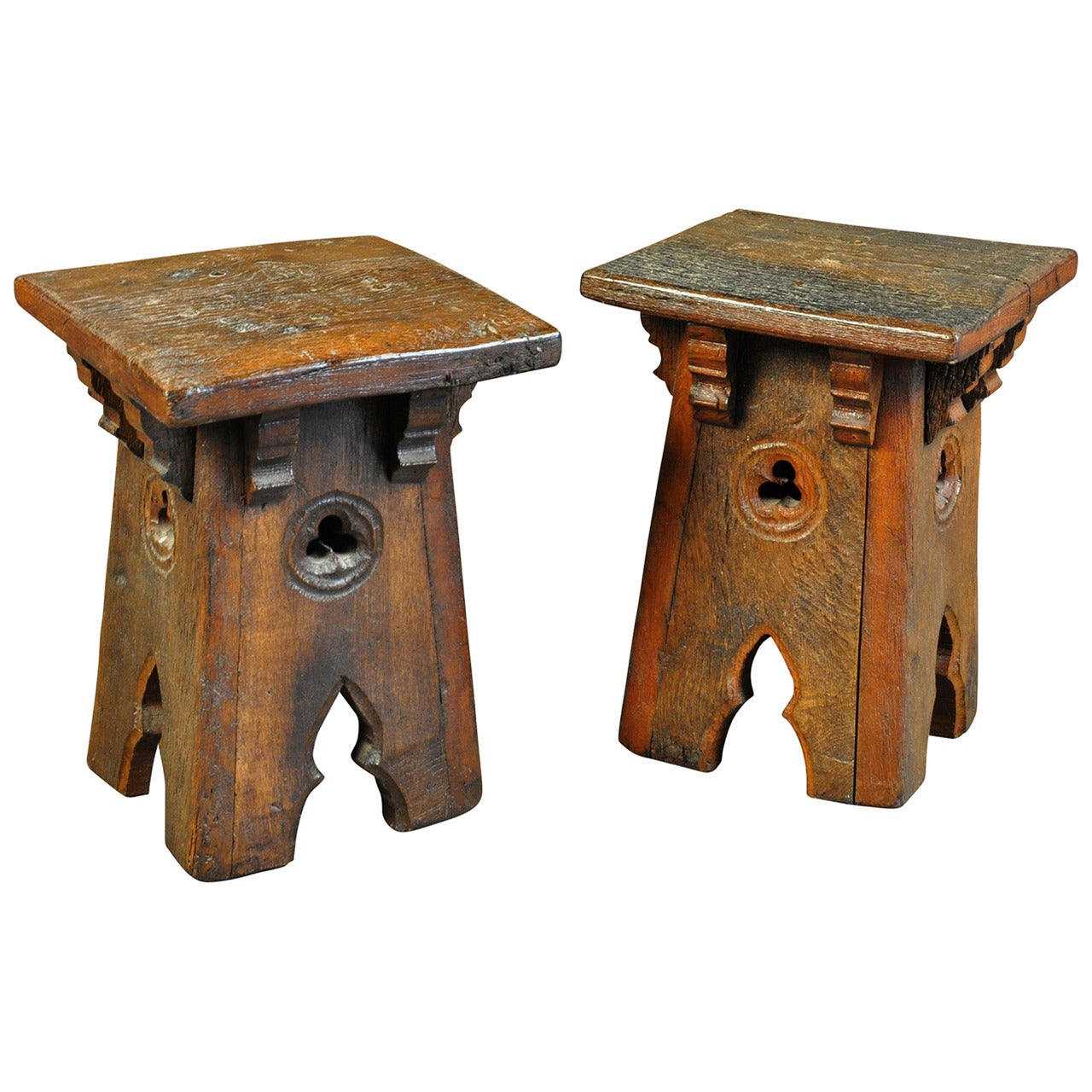 French Gothic Style Stools in Oak