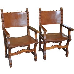 Pair of Spanish Renaissance Style Leather Armchairs in Walnut