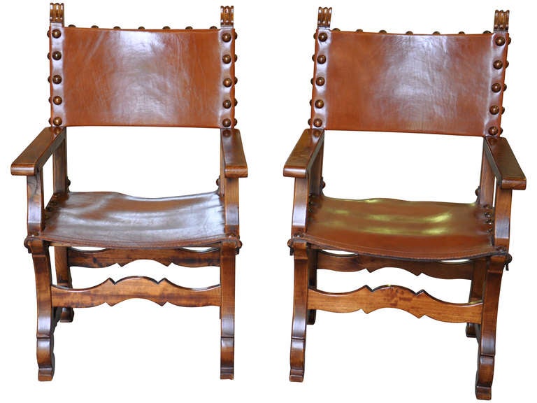 Pair of Spanish Renaissance Style Leather Armchairs in Walnut