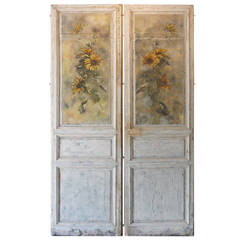 Antique Pair of French Painted Sunflower Door Panels, circa 1903