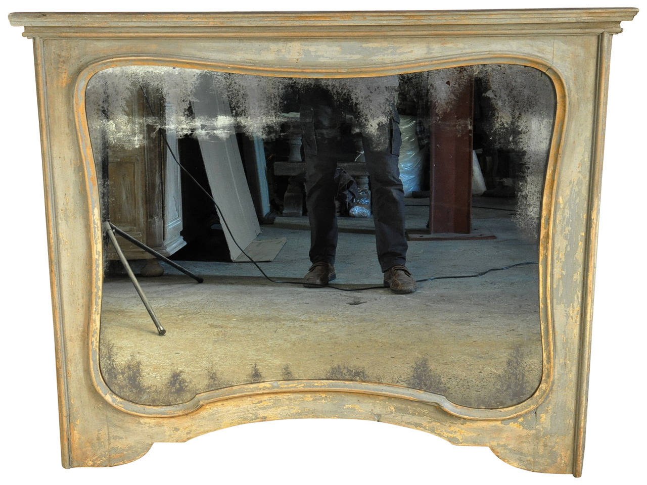 A stunning pair of early 19th century architectural trumeau frames as mirrors. These fantastic mirrors have a wonderful painted finish in soft hues of light grey.  These mirrors may be sold individually.  The price for the single piece is  $3,625.