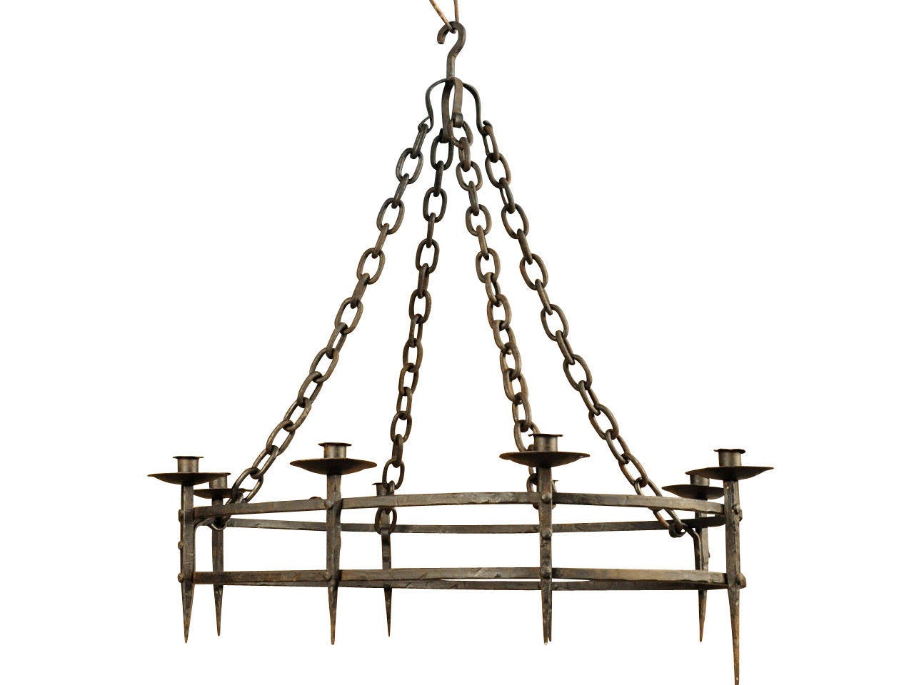 French late-19th century eight-light chandelier in iron, circa 1900.