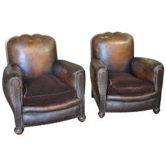 Antique Pair of French Art Deco Leather Club Chairs