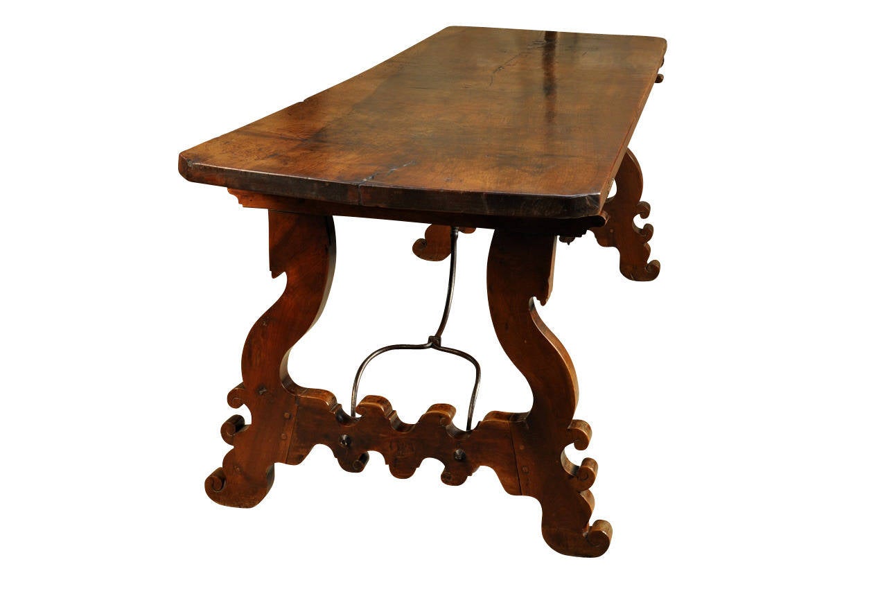 18th Century Spanish Farm or Trestle Table in Walnut with Solid Board Top In Excellent Condition In Atlanta, GA