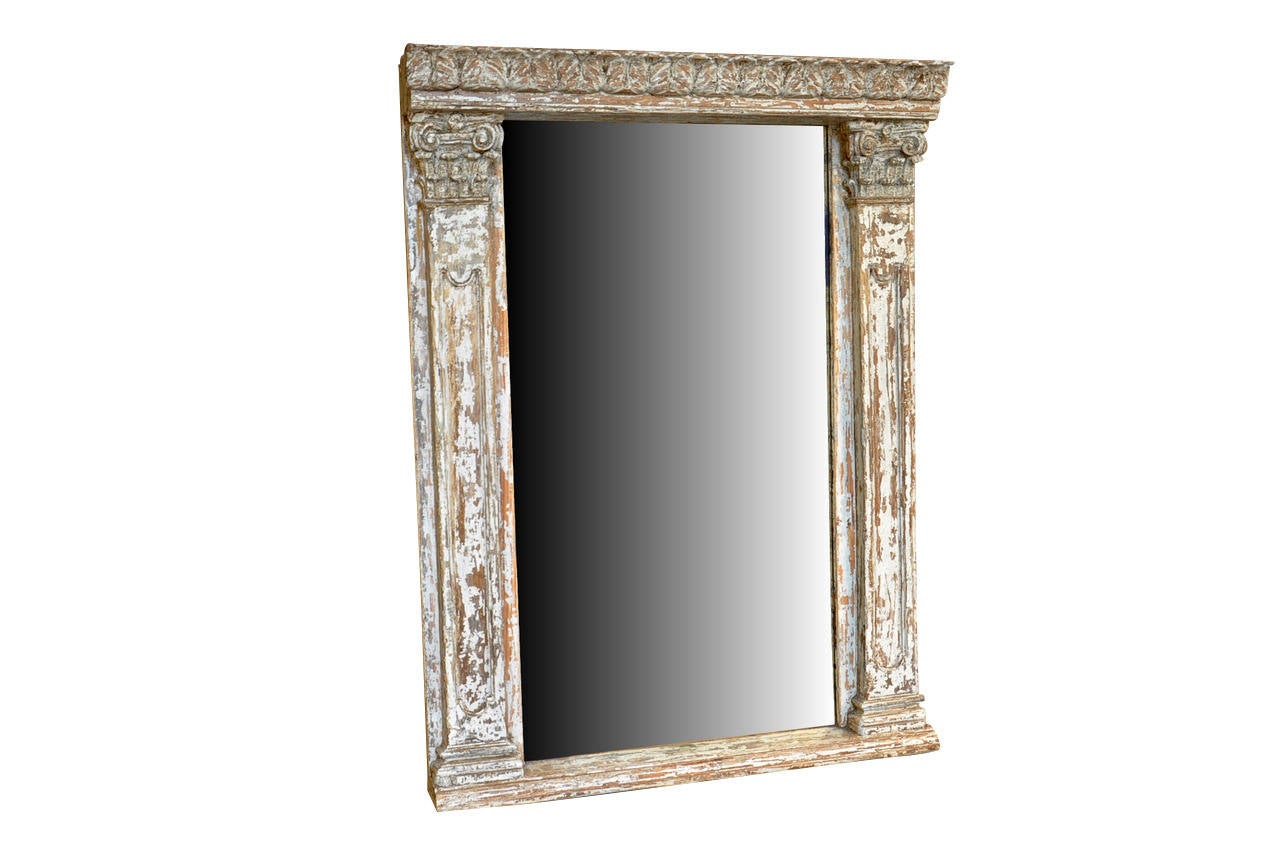18th century Spanish Altar Frame in painted wood now as a mirror.  Wonderful over a mantel, commode or vanity.