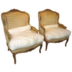 Pair of French Antique Louis XV Style Bergere Armchairs