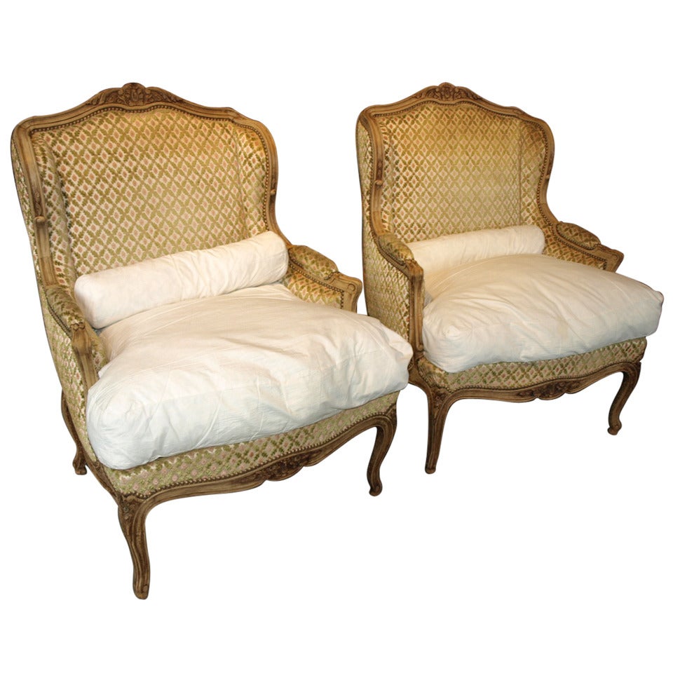 Pair of French Antique Louis XV Style Bergere Armchairs at 1stDibs