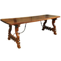 18th Century Spanish Farm or Trestle Table in Walnut with Solid Board Top
