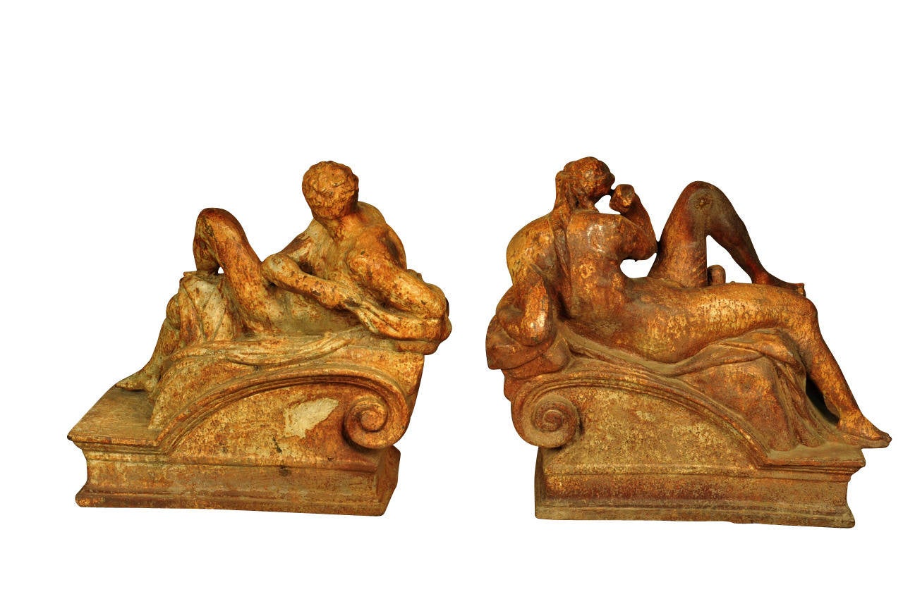A very handsome pair of 19th century Italian garden statues in polychromed cast iron.