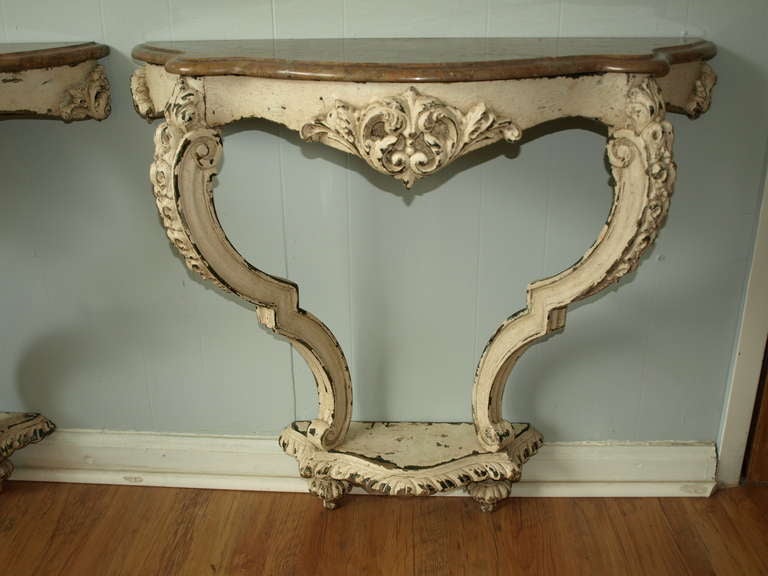 Antique early 20th century marble topped console in painted wood. Originally, part of a pair.   ****  One piece is currently available.....