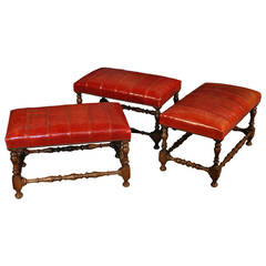 Set of Three Louis XIII Style Benches or Stools in Walnut and Red Leather