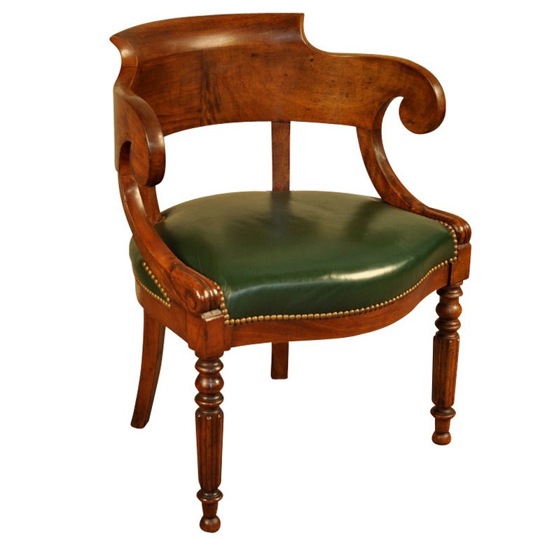 French Louis Philippe Period Office Chair or Desk Chair in Walnut and Leather
