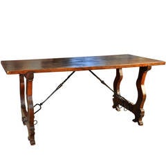 18th Century Spanish Farm Table or Trestle Table in Walnut with Solid Board Top