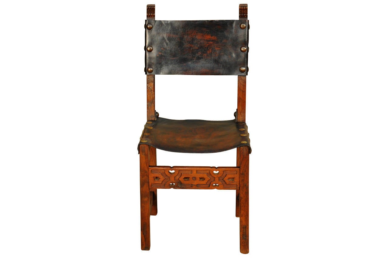 Set of Six Spanish 19th Century Leather Dining Chairs 1