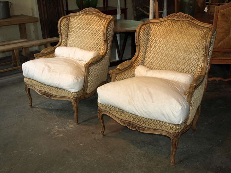 Pair of French Antique Louis XV Style Bergere Armchairs