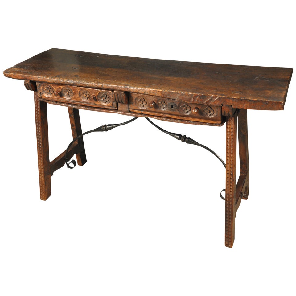 Late 18th Century Two Drawer, Trestle Console In Walnut and Iron