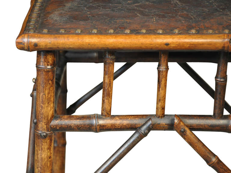 20th Century French 19th Century Stool in Bamboo and Leather