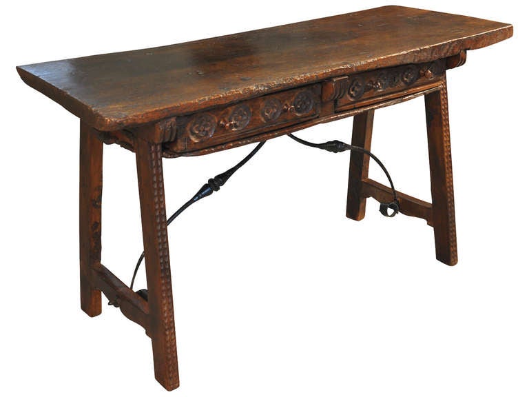 Spanish Late 18th Century Two Drawer, Trestle Console In Walnut and Iron