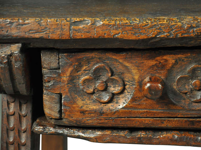 18th Century and Earlier Late 18th Century Two Drawer, Trestle Console In Walnut and Iron