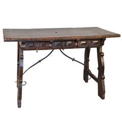 Antique Spanish Early 18th Century Walnut Solid Board-Top Table or Desk