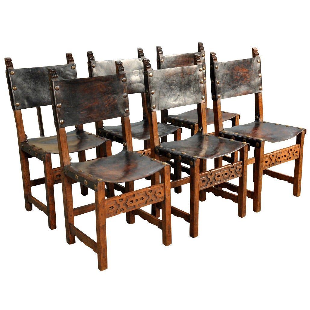 Set of Six Spanish 19th Century Leather Dining Chairs