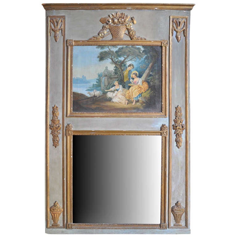 French Antique Louis XVI Style Trumeau In Painted and Gilt Wood at 1stDibs