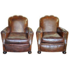 Pair of French Leather Club Armchairs