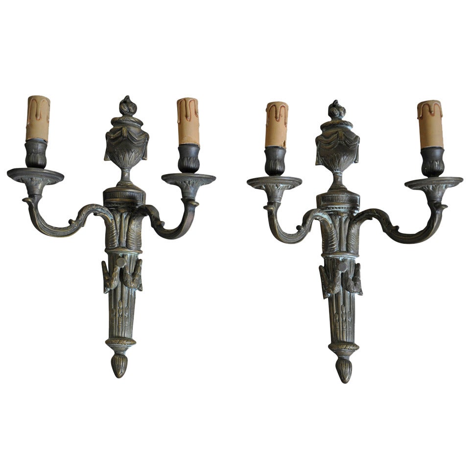 Pair of French Antique Louis XVI Style Sconces in Bronze