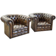 Pair of English Chesterfield Leather Armchairs