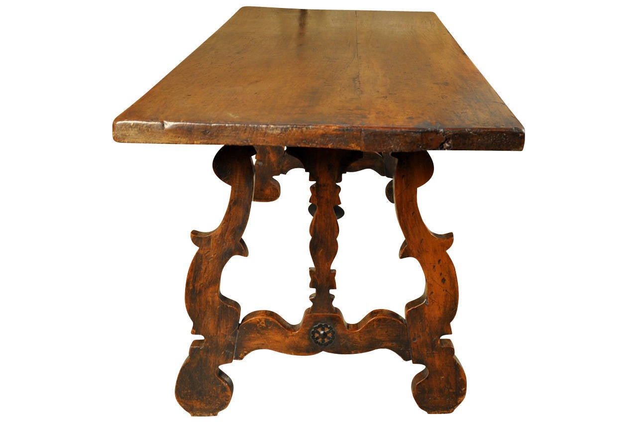 Forged Spanish 19th Century Farm or Trestle Table in Walnut