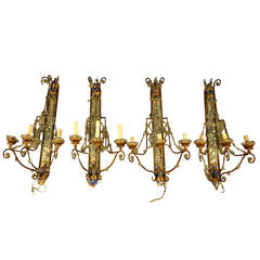 Set of Four Italian Sconces in Painted Wood, Crystal, Iron and Mirror