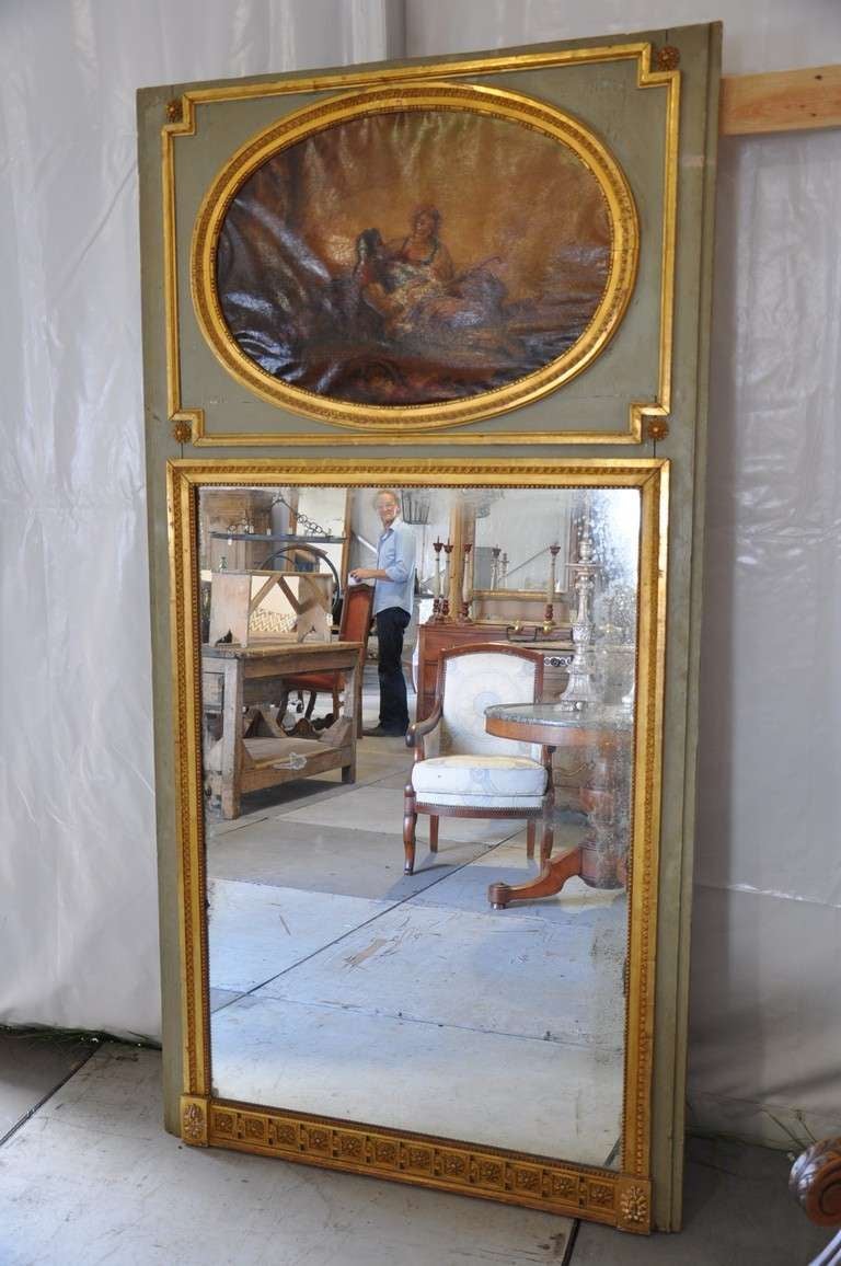 French Mid 19th Century Louis XVI Style Trumeau Mirror in Painted and Gilded Wood For Sale