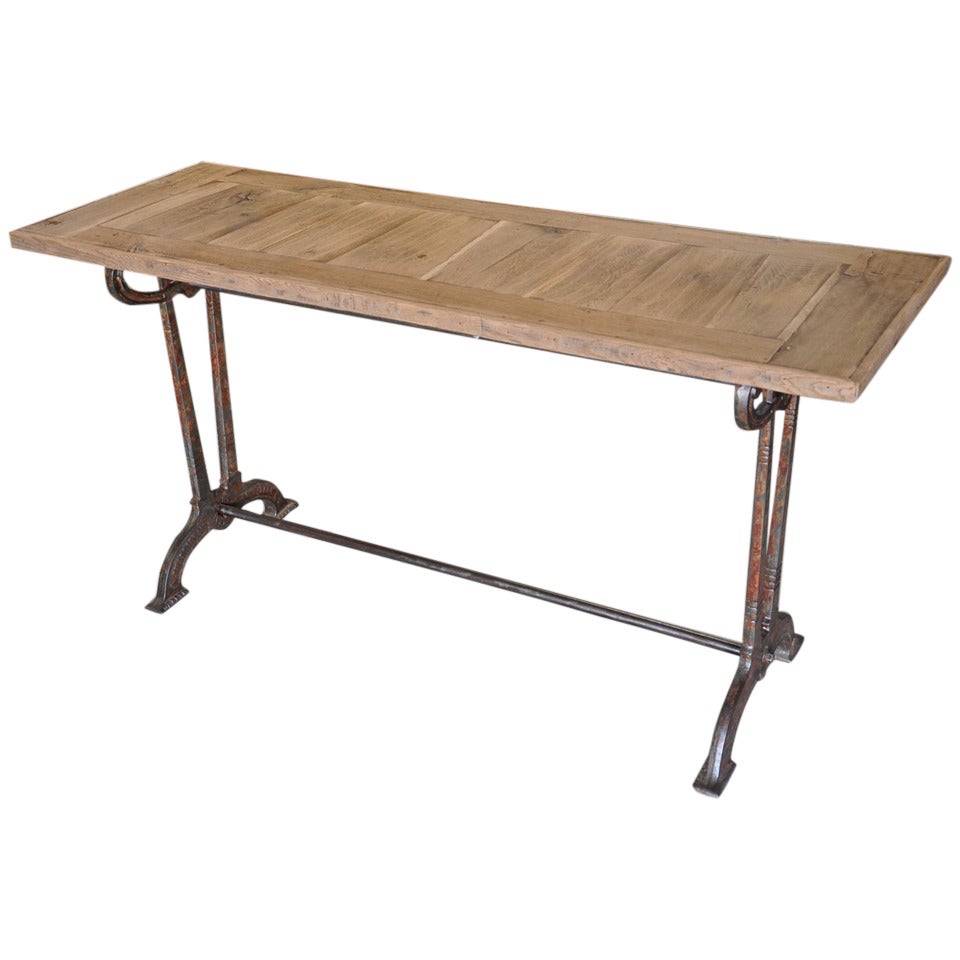 French Bistro Console Table in Iron and Oak