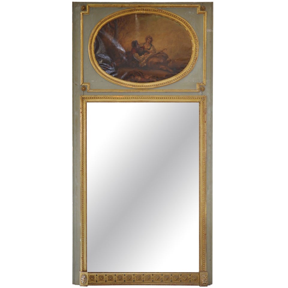 Miroir Trumeau de style Louis XVI du milieu du XIXe siècle en bois peint et doré en vente