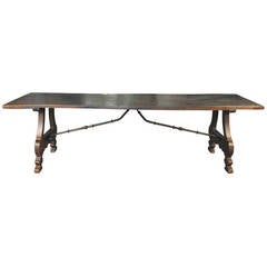 18th Century Spanish Trestle Table Farm Table in Chestnut and Iron