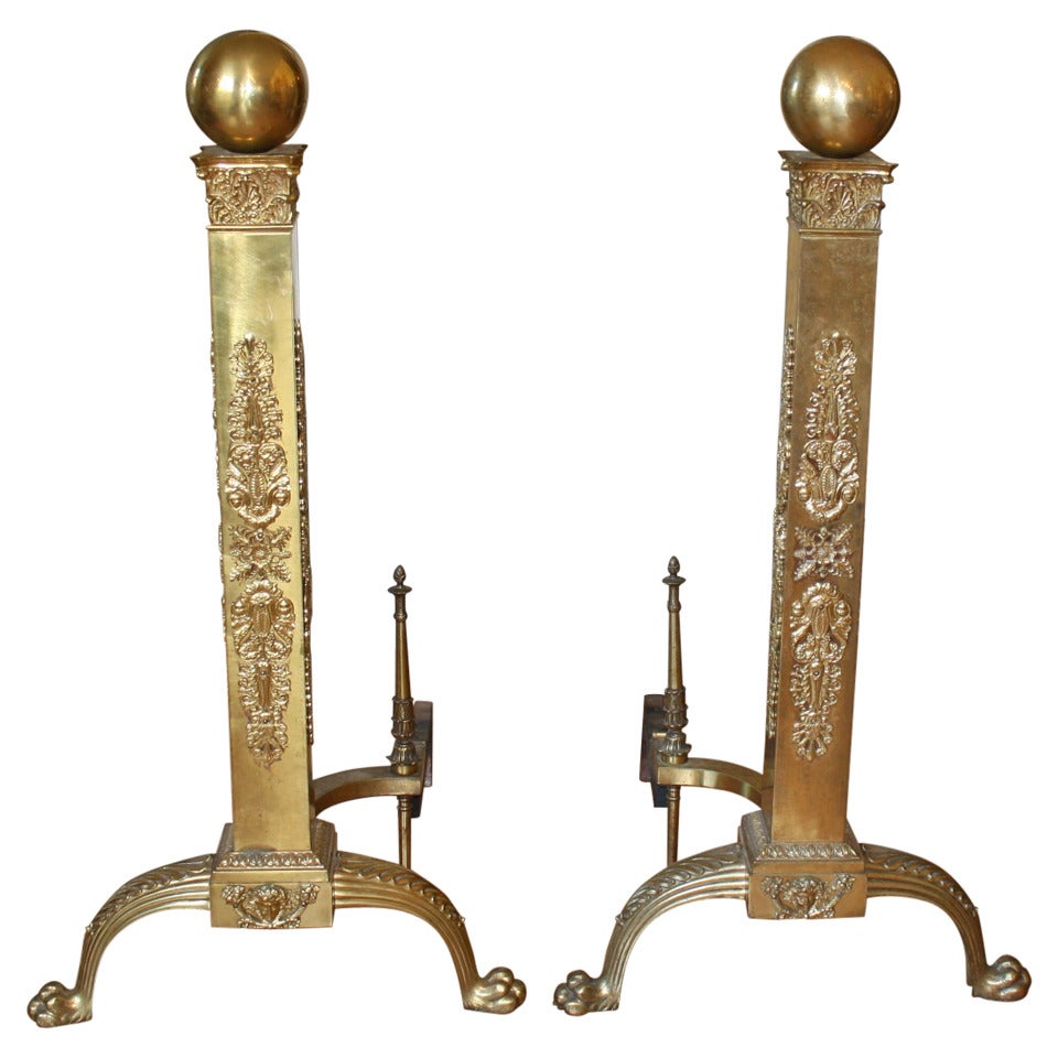Exceptional Large French Antique Empire Style Bronze and Brass Andirons