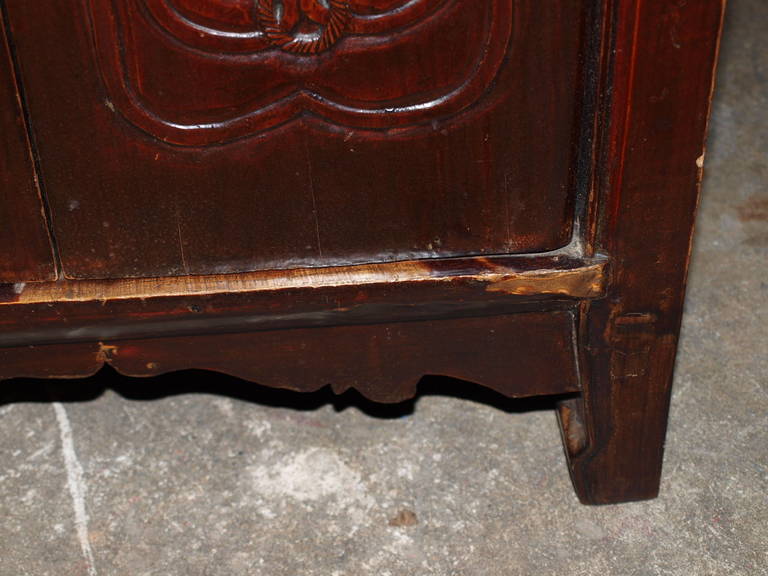 Pair Of Chinese Bordeaux Lacquered Side Cabinets With Pudding Stone Tops For Sale 3