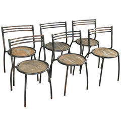 Vintage Set of 6 Iron Early 20th Century French Bistro Chairs In Iron and Wood