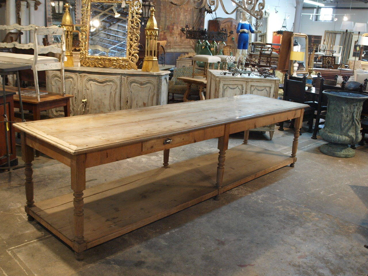 A tremendous large scale late 19th century French Draper Table - Work Table beautifully constructed in oak and pine woods.  This fabulous work table was found in the South of France.  It will be a wonderful addition to any kitchen as an island or