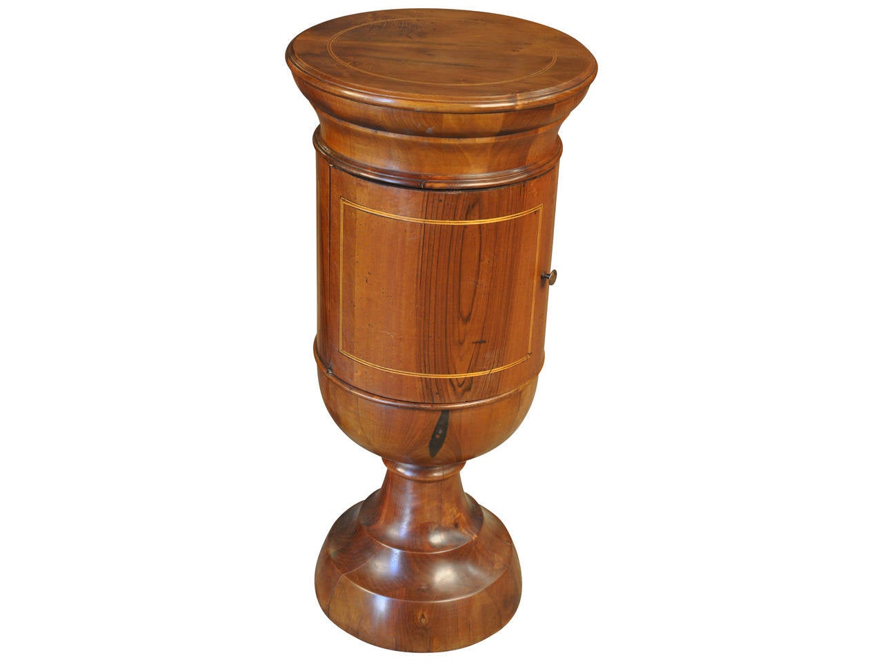 A stunning late 19th century Italian Cylinder Side Table. Beautifully constructed from walnut with fruit wood inlay.  Molded top over cylinder body with door on turned pedestal foot.