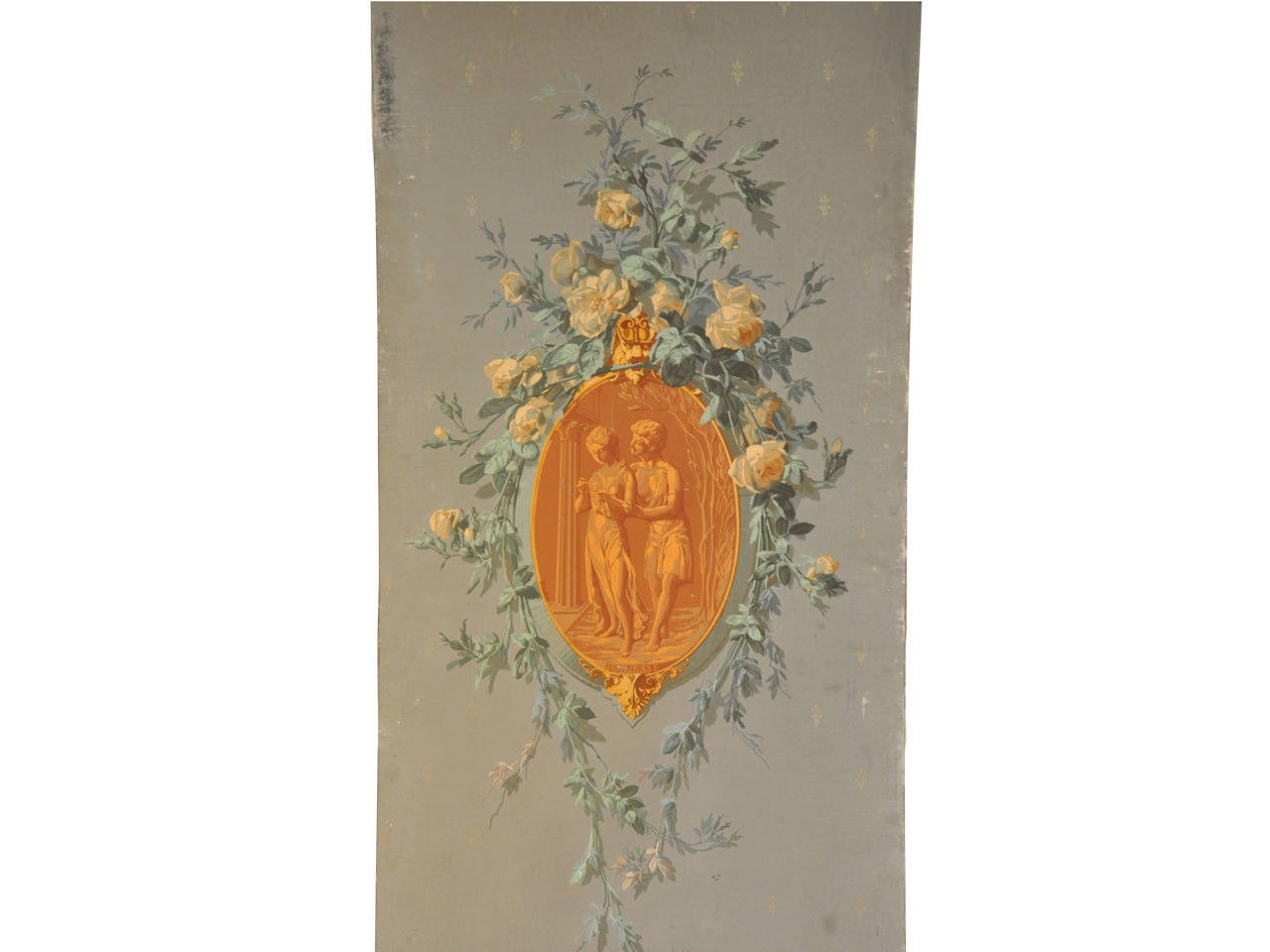 Preciosa pareja de paneles decorativos murales pintados de finales del siglo XIX, italianos de hacia 1900.  Encantadoras escenas románticas pintadas sobre papel denso.  Estos paneles serán un adorno encantador para cualquier salón o comedor,